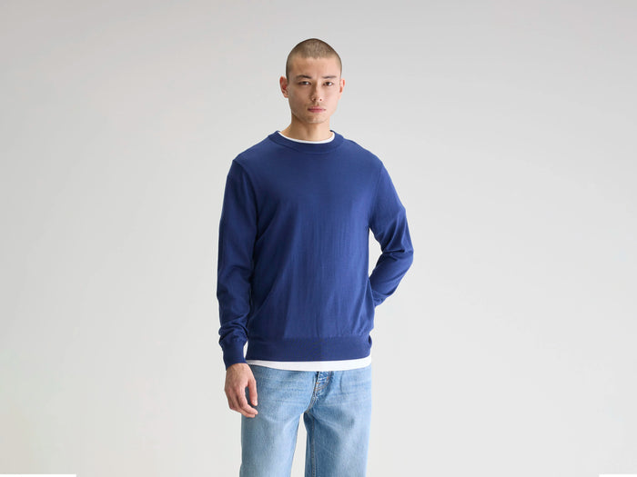 Bellerose Pull col rond bleu en mérinos pour homme