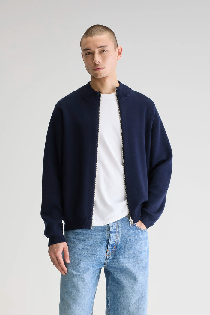 Bellerose Cardigan Zippé Bleu Marine En Mérinos Pour Homme
