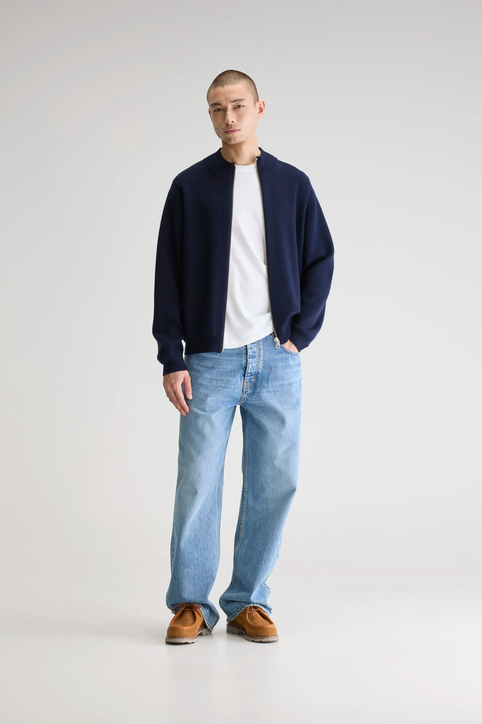 Bellerose Cardigan Zippé Bleu Marine En Mérinos Pour Homme