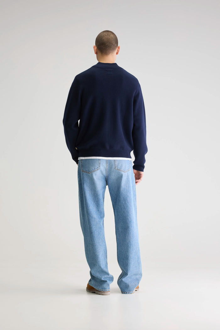 Bellerose Cardigan Zippé Bleu Marine En Mérinos Pour Homme