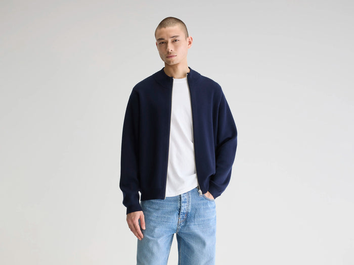 Bellerose Cardigan zippé bleu marine en mérinos pour homme