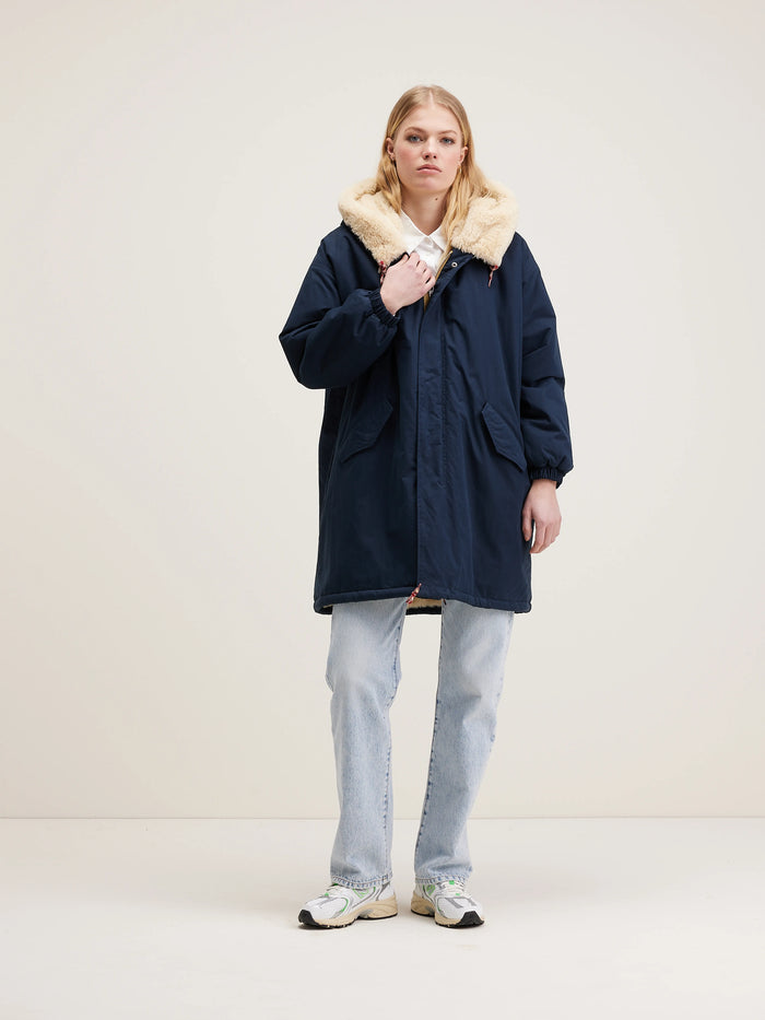 Bellerose Parka Bleue Foncée Avec Doublure En Fausse Fourrure Pour Femmes