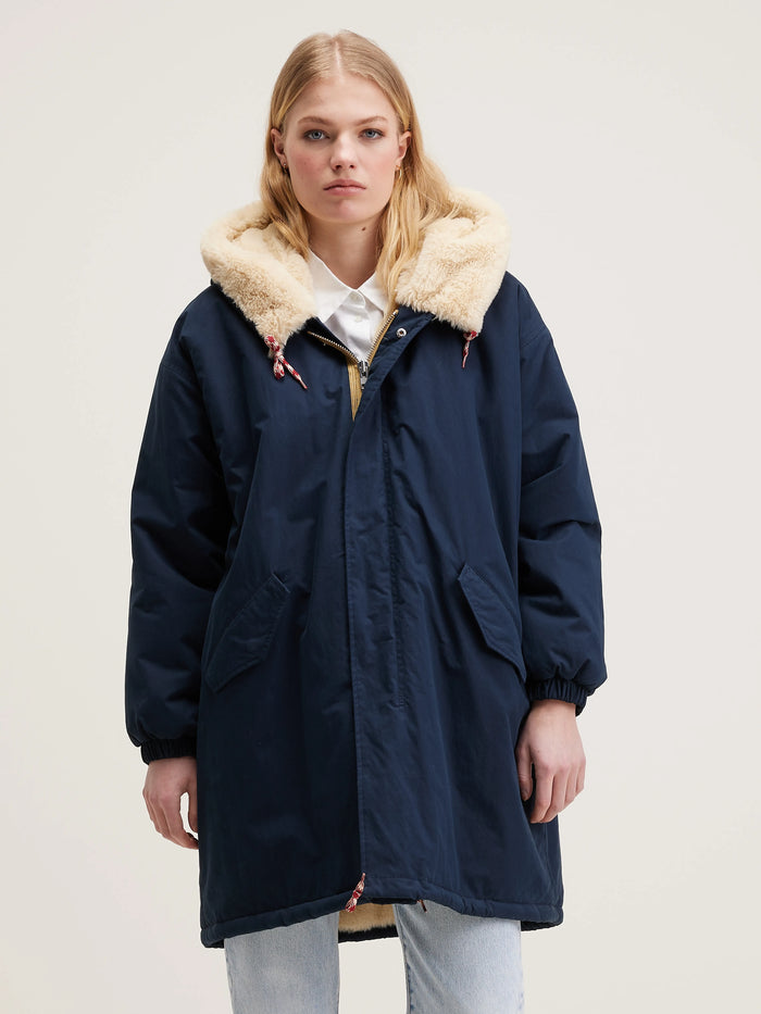 Bellerose Parka Bleue Foncée Avec Doublure En Fausse Fourrure Pour Femmes