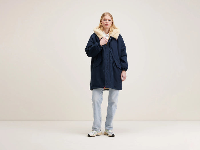 Bellerose Parka Bleue Foncée Avec Doublure En Fausse Fourrure Pour Femmes