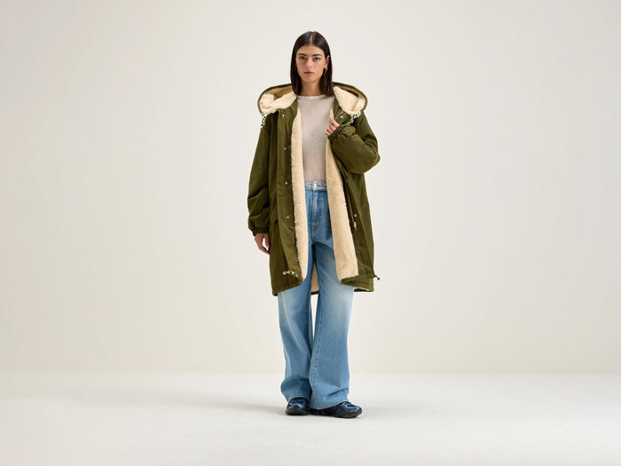Bellerose Parka verte olive avec doublure en fausse fourrure pour femmes