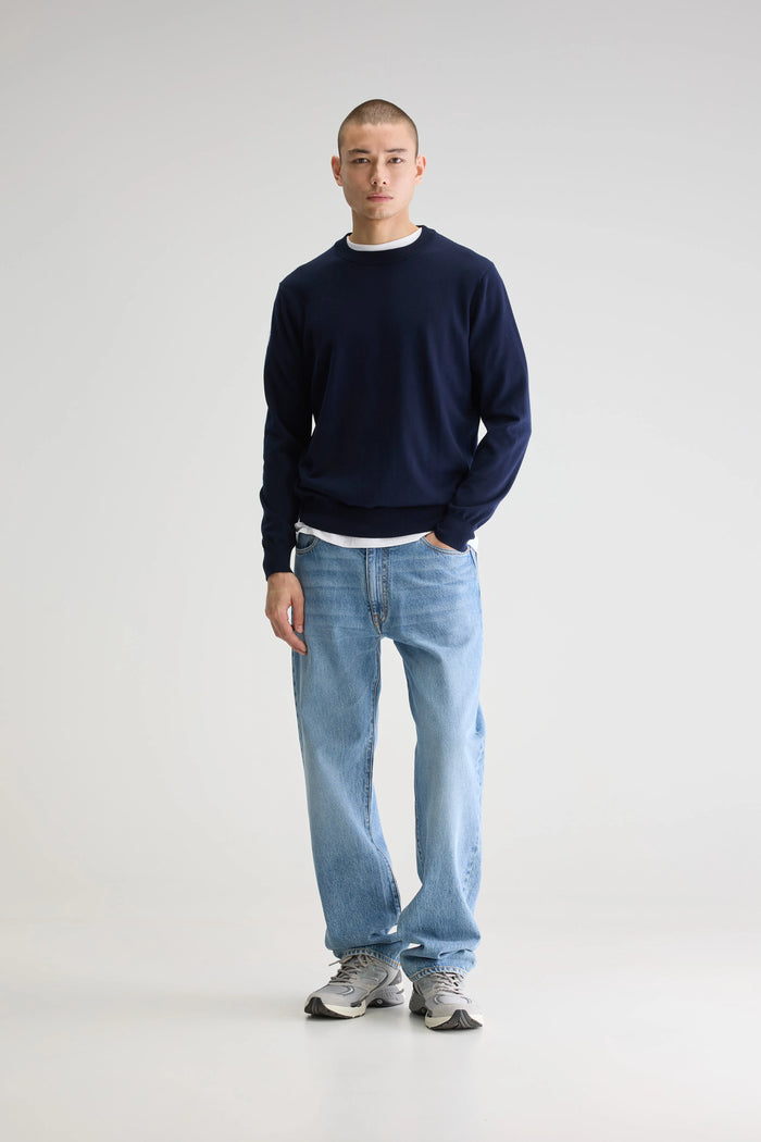 Bellerose Pull Col Rond Bleu Marine En Mérinos Pour Homme