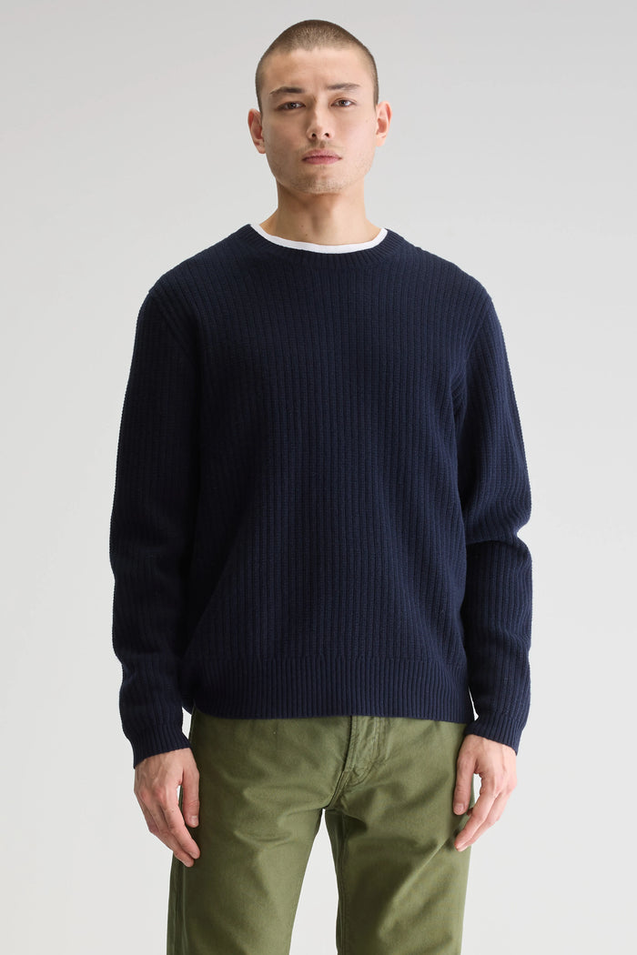 Bellerose Pull Col Rond Bleu Marine En Mérinos Pour Homme