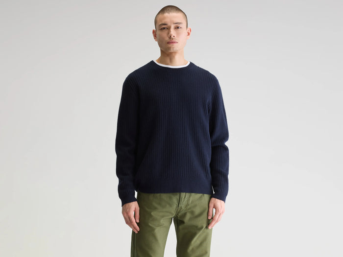 Bellerose Pull col rond bleu marine en mérinos pour homme