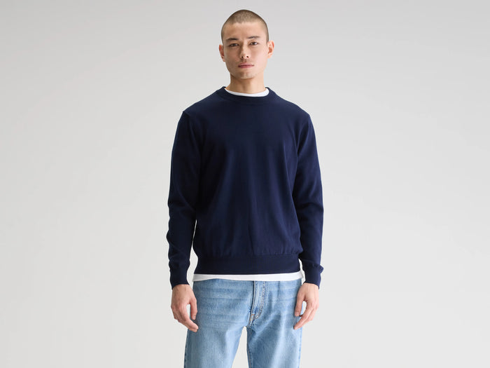 Bellerose Pull col rond bleu marine en mérinos pour homme