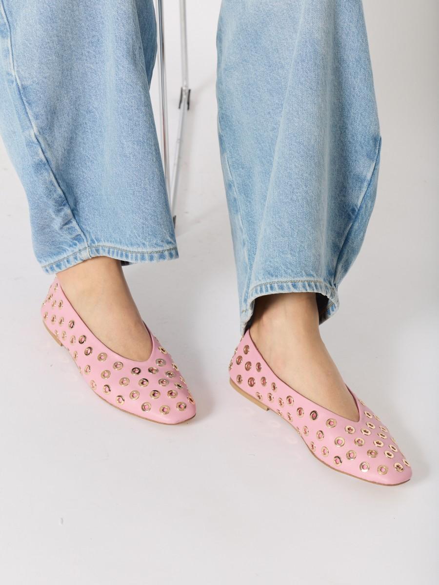 Berenice Ballerines Plates ABALLERINA En Cuir Rose Pale Avec Studs Dorés