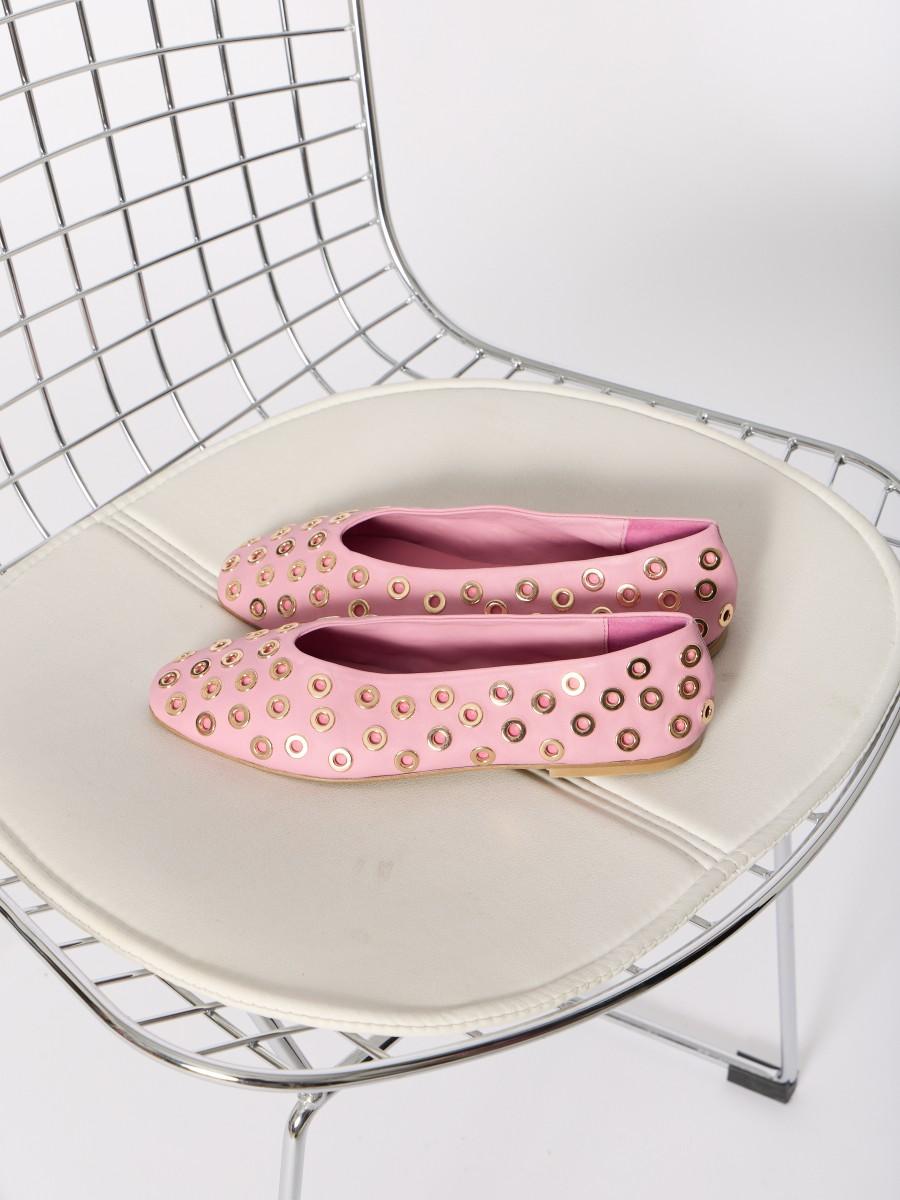 Berenice Ballerines Plates ABALLERINA En Cuir Rose Pale Avec Studs Dorés