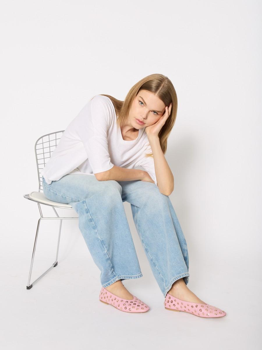 Berenice Ballerines plates ABALLERINA en cuir rose pale avec studs dorés