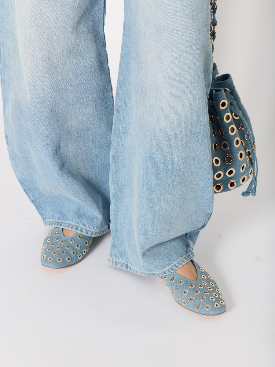 Berenice Ballerines Plates ABALLERINA En Denim Bleu Avec Studs Dorés