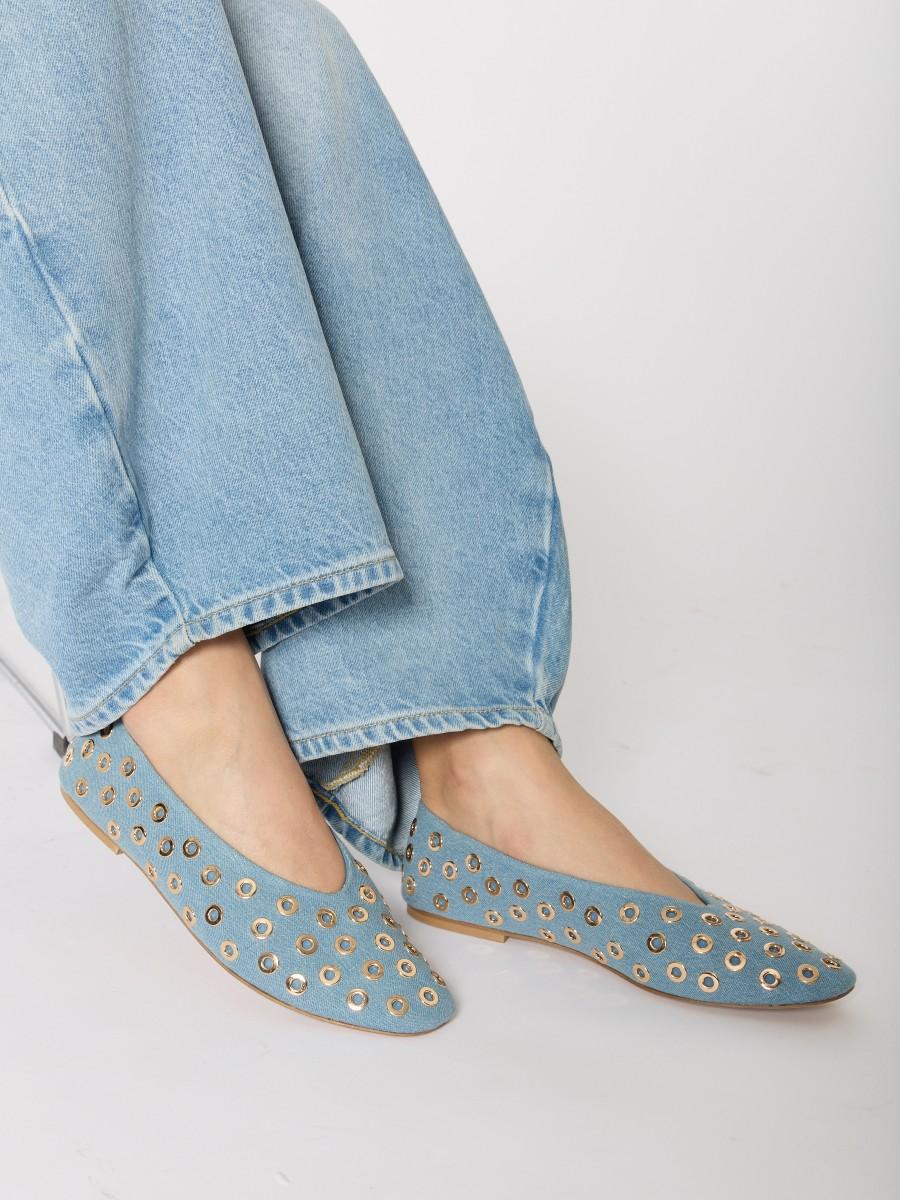 Berenice Ballerines Plates ABALLERINA En Denim Bleu Avec Studs Dorés