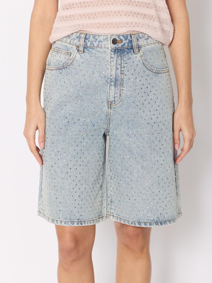 Berenice Bermuda PSOLE – Denim Bleu Strass All-over Coupe Droite Taille Haute