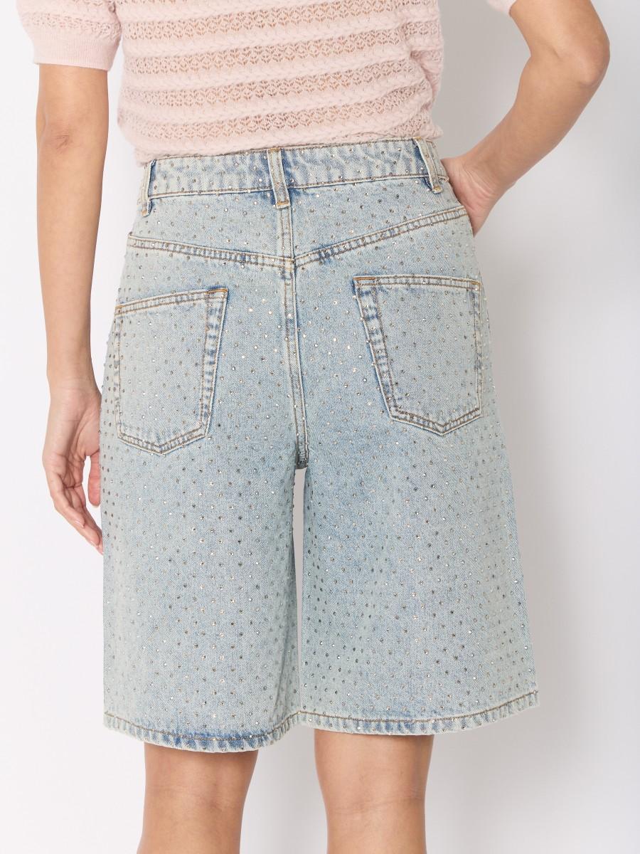 Berenice Bermuda PSOLE – Denim Bleu Strass All-over Coupe Droite Taille Haute