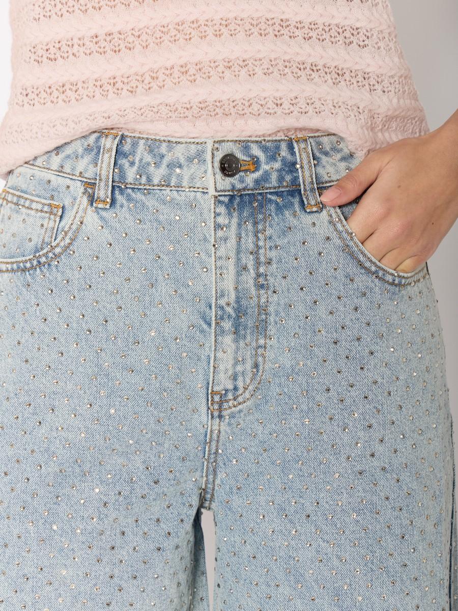 Berenice Bermuda PSOLE – Denim Bleu Strass All-over Coupe Droite Taille Haute