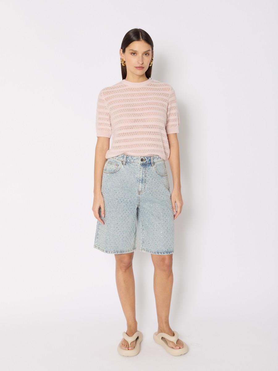 Berenice Bermuda PSOLE – Denim bleu strass all-over coupe droite taille haute