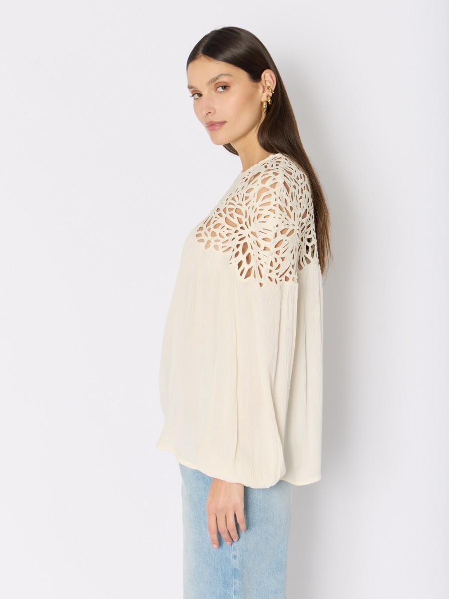 Berenice Blouse CBELINDA En Viscose Beige Manches Bouffantes Et Détails En Crochet