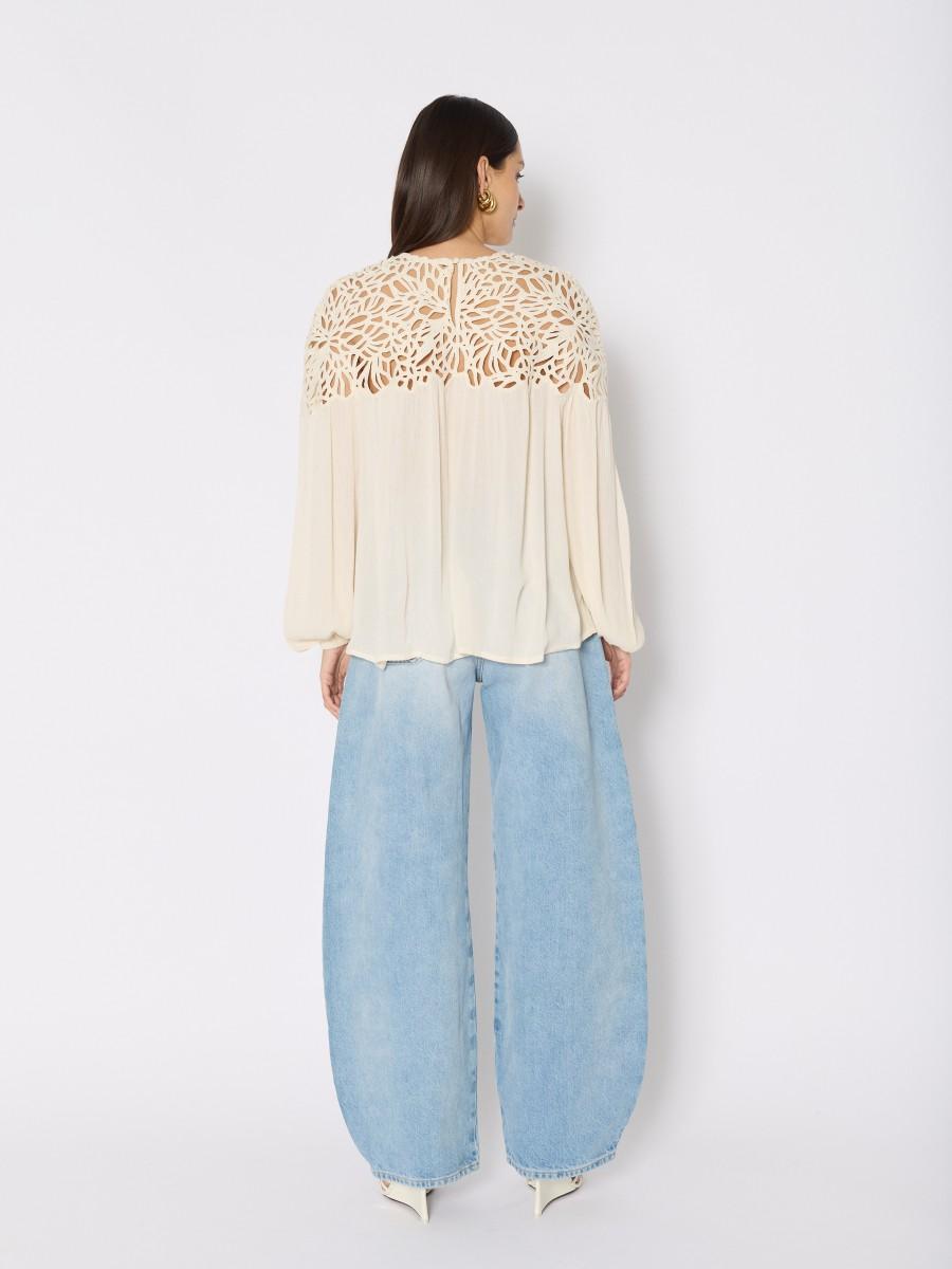 Berenice Blouse CBELINDA En Viscose Beige Manches Bouffantes Et Détails En Crochet