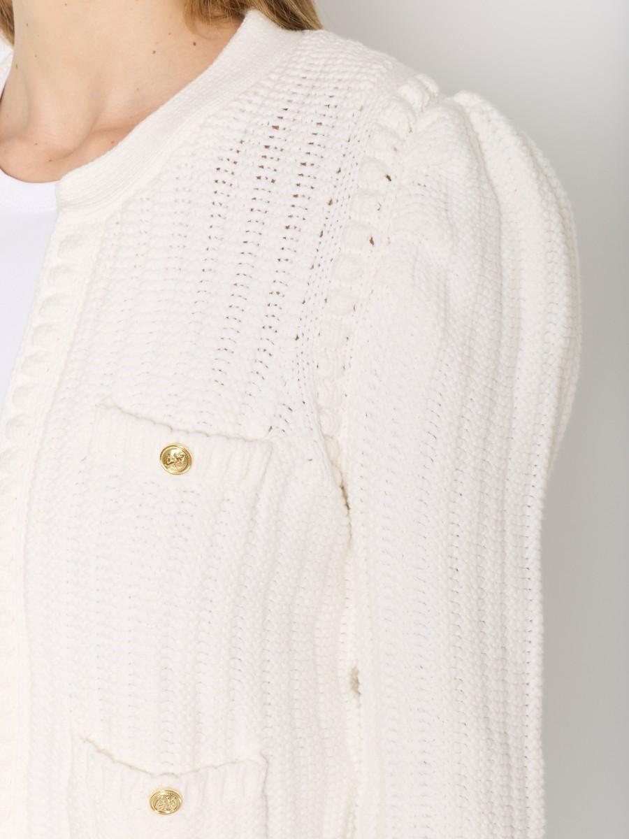 Berenice Cardigan Blanc MGEMMA – Manches 3/4 Bouffantes Maille épaisse Boutons Dorés