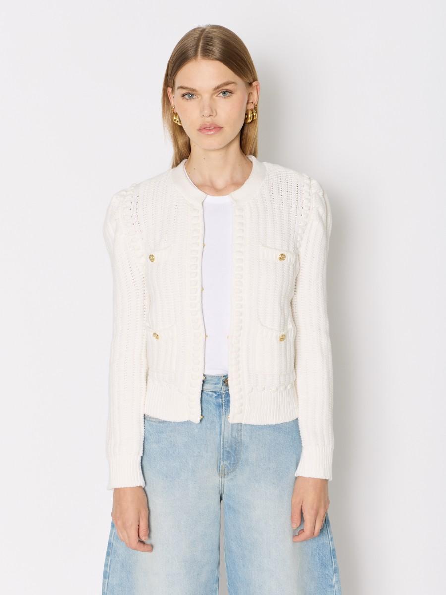 Berenice Cardigan Blanc MGEMMA – Manches 3/4 Bouffantes Maille épaisse Boutons Dorés