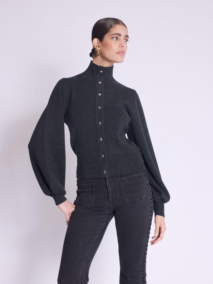 Berenice Cardigan GABY Cardigan Gris à Manches Bouffantes Et Col Montant