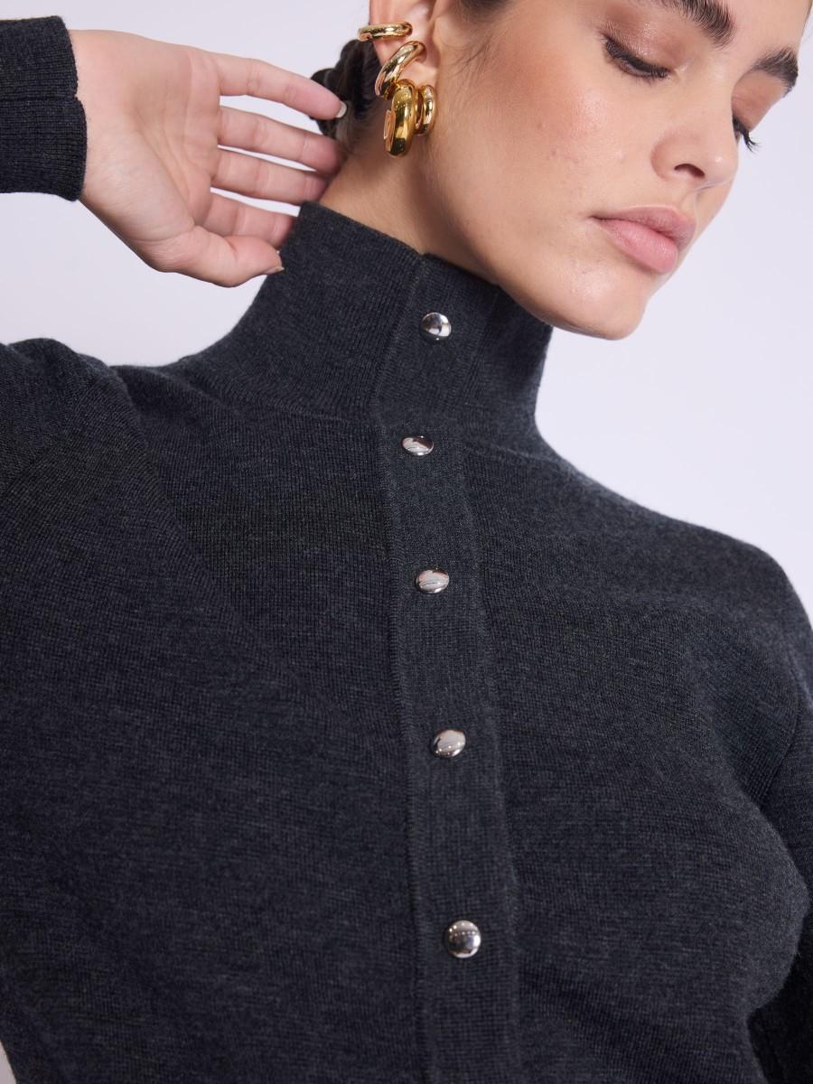 Berenice Cardigan GABY Cardigan Gris à Manches Bouffantes Et Col Montant