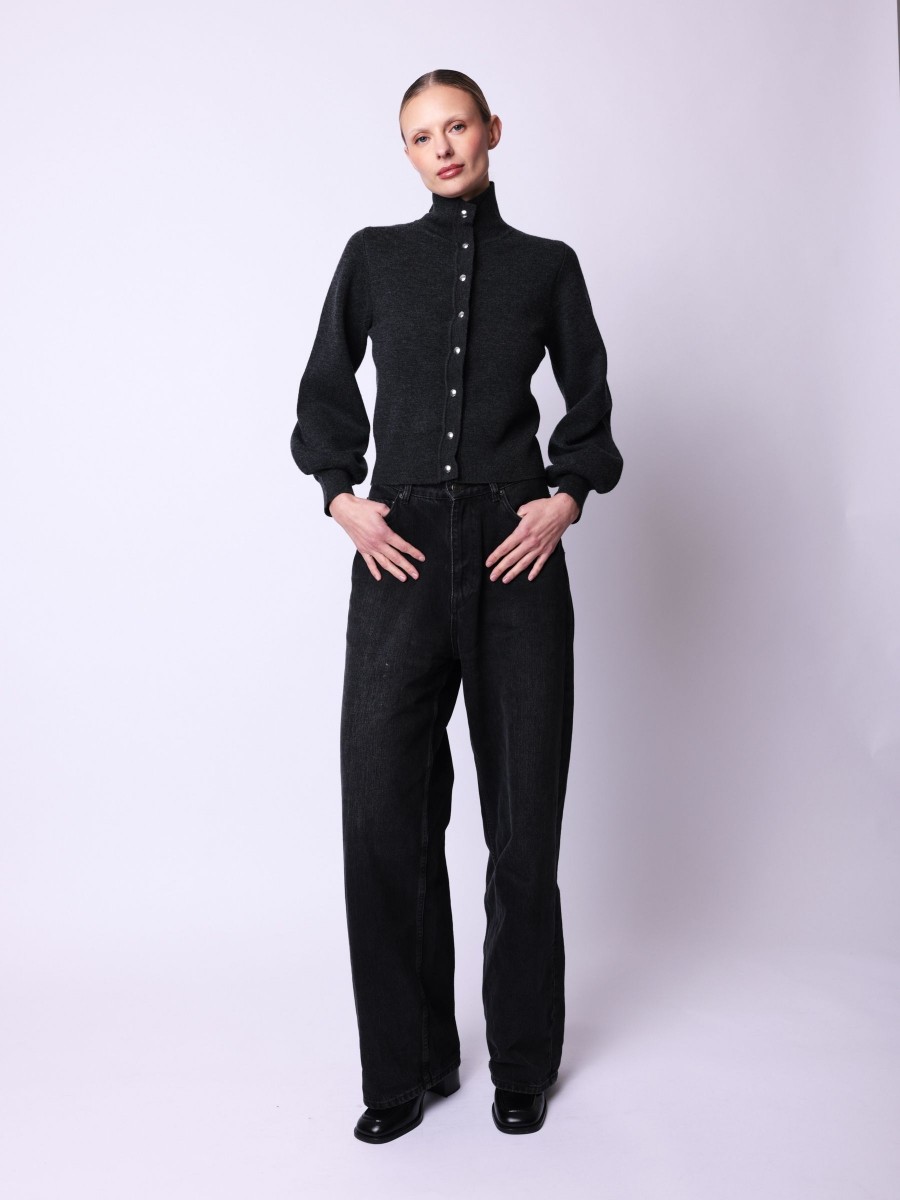 Berenice Cardigan GABY Cardigan Gris à Manches Bouffantes Et Col Montant