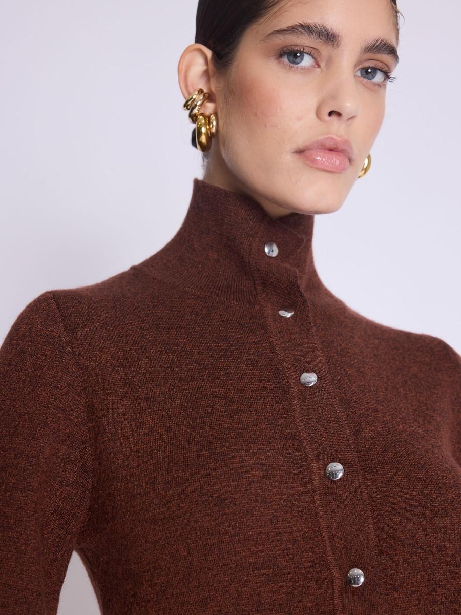 Berenice Cardigan GABY Cardigan Marron à Manches Bouffantes Et Col Montant