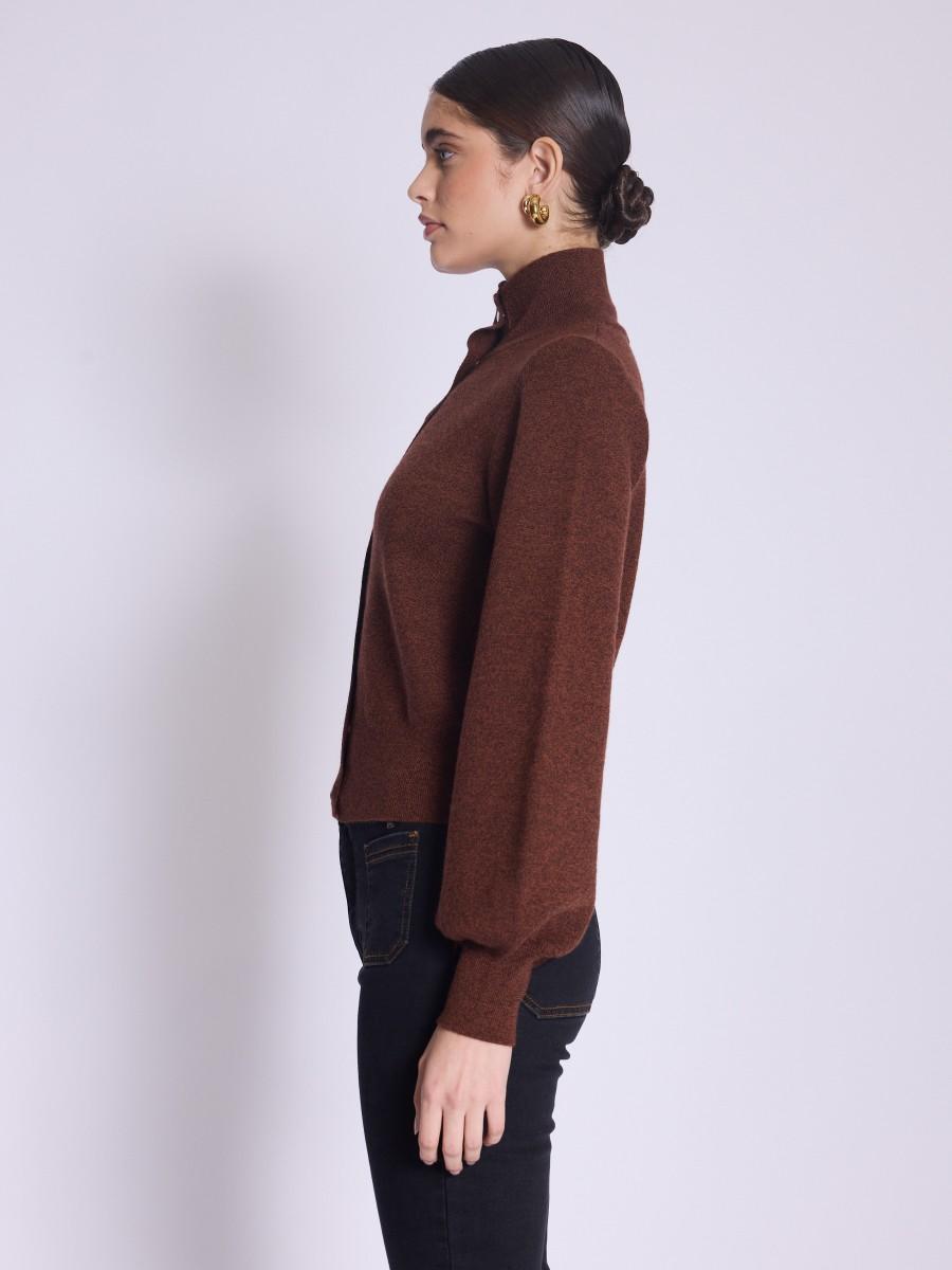 Berenice Cardigan GABY Cardigan Marron à Manches Bouffantes Et Col Montant