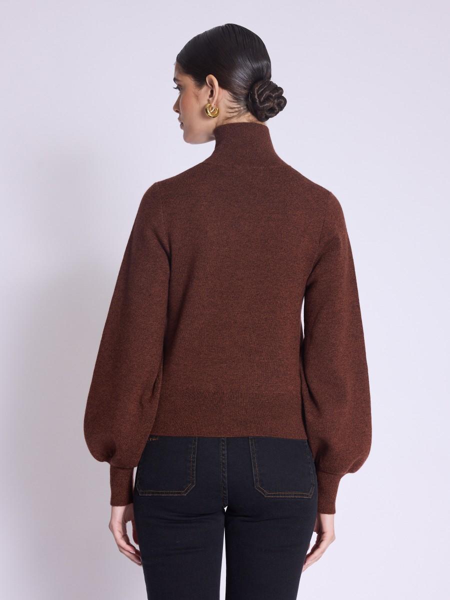 Berenice Cardigan GABY Cardigan Marron à Manches Bouffantes Et Col Montant