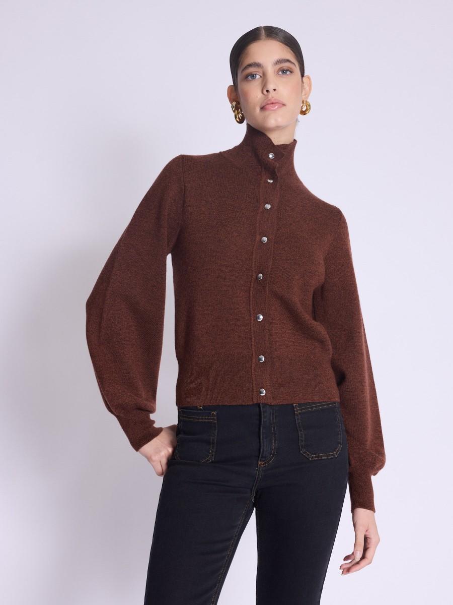 Berenice Cardigan GABY Cardigan marron à manches bouffantes et col montant