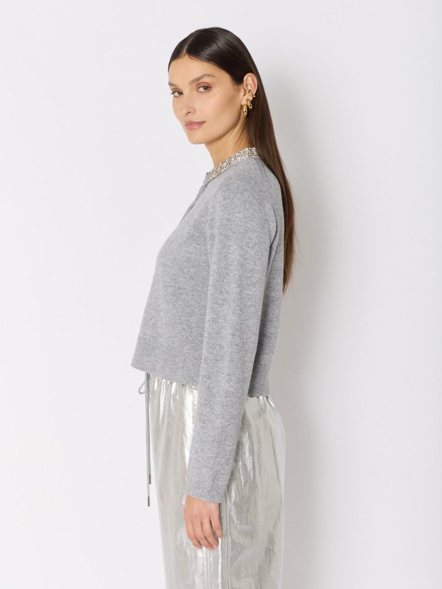 Berenice Cardigan Gris MGIDIAMOND – Laine Mérinos Col Rond Collier Strass Boutons Gravés