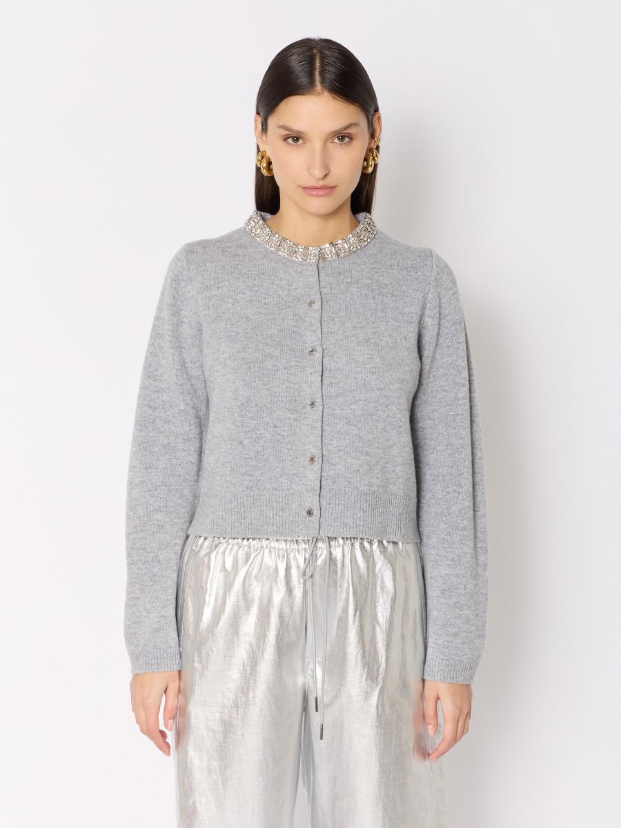 Berenice Cardigan gris MGIDIAMOND – Laine mérinos col rond collier strass boutons gravés