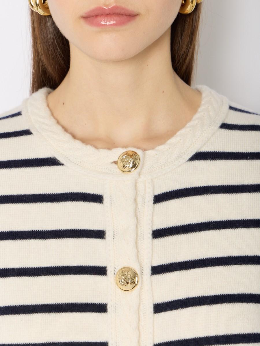 Berenice Cardigan MGLORIA – Blanc Rayures Bleues Laine Et Cachemire Boutons Dorés