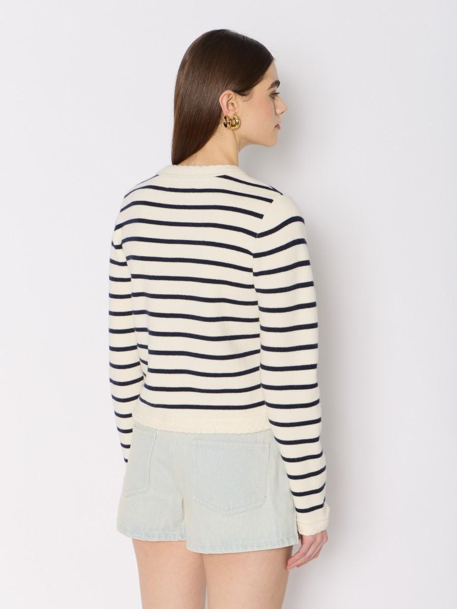 Berenice Cardigan MGLORIA – Blanc Rayures Bleues Laine Et Cachemire Boutons Dorés