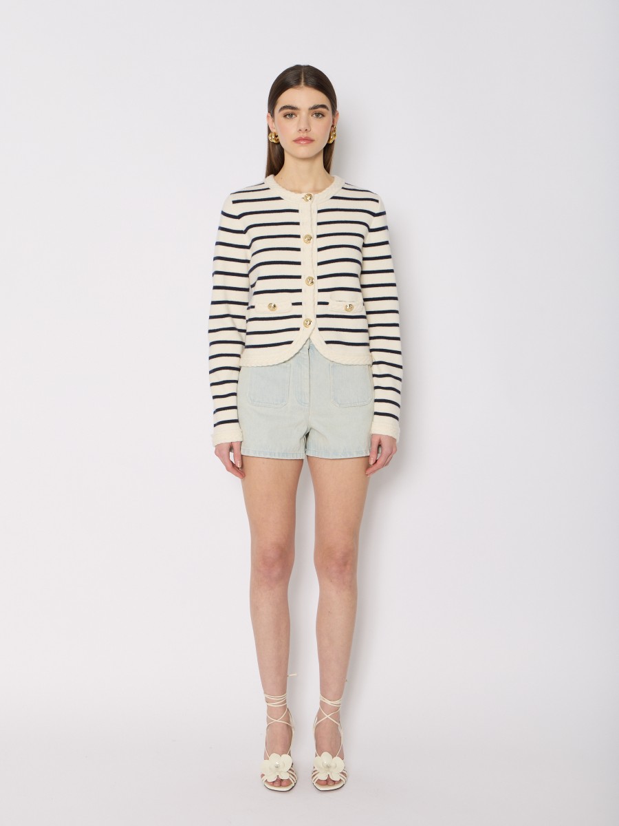 Berenice Cardigan MGLORIA – Blanc Rayures Bleues Laine Et Cachemire Boutons Dorés