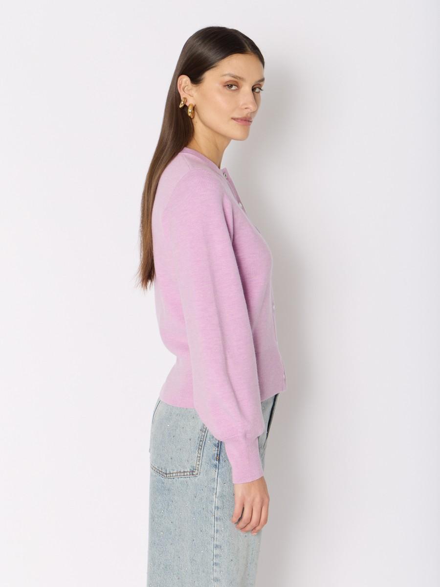 Berenice Cardigan Rose MGALIA – Laine Mérinos Manches Ballon Boutons-pression