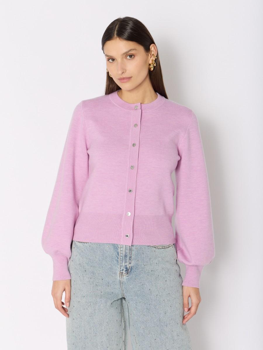 Berenice Cardigan rose MGALIA – Laine mérinos manches ballon boutons-pression