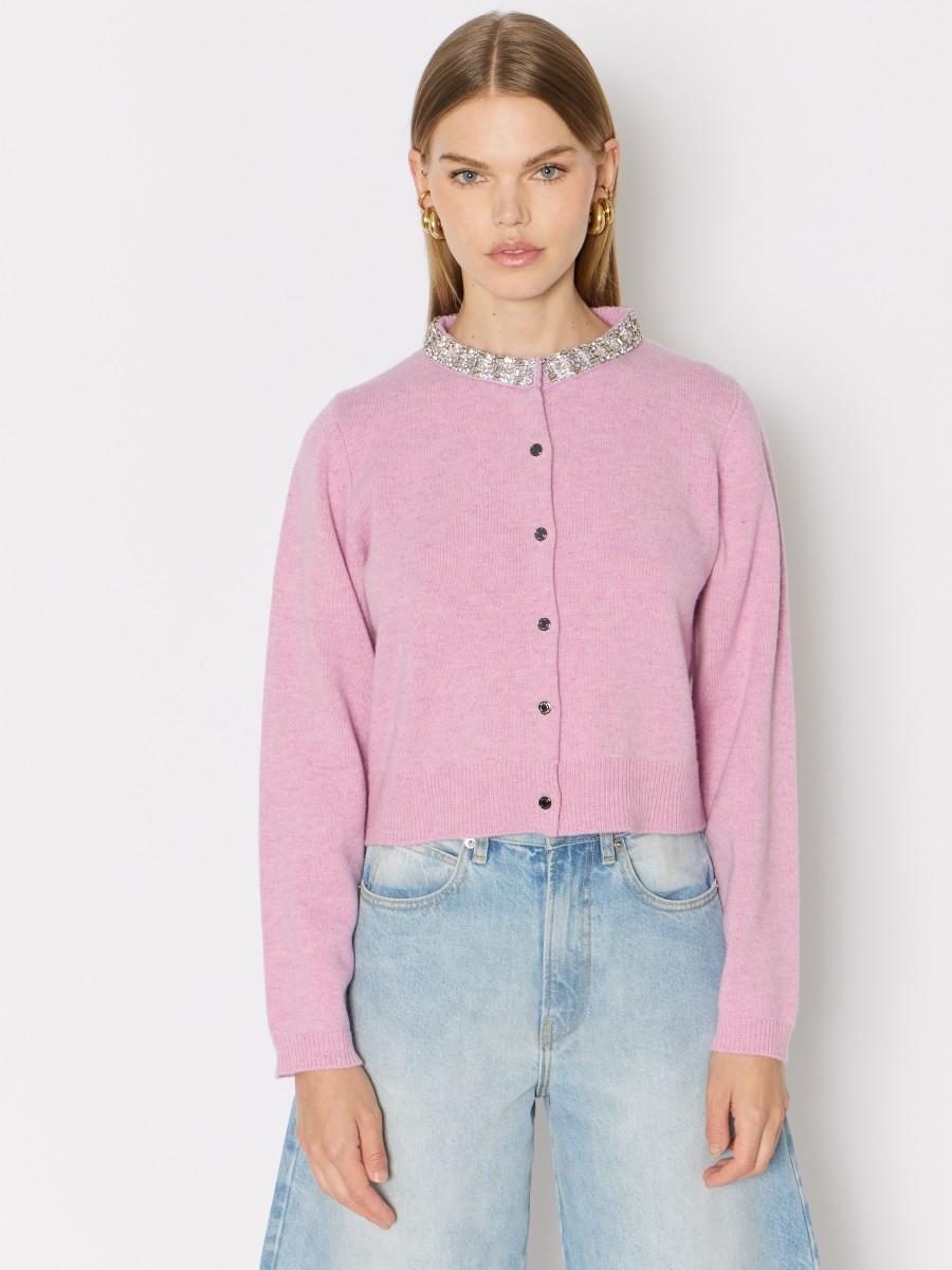 Berenice Cardigan Rose MGIDIAMOND – Laine Mérinos Col Rond Collier Strass Boutons Gravés