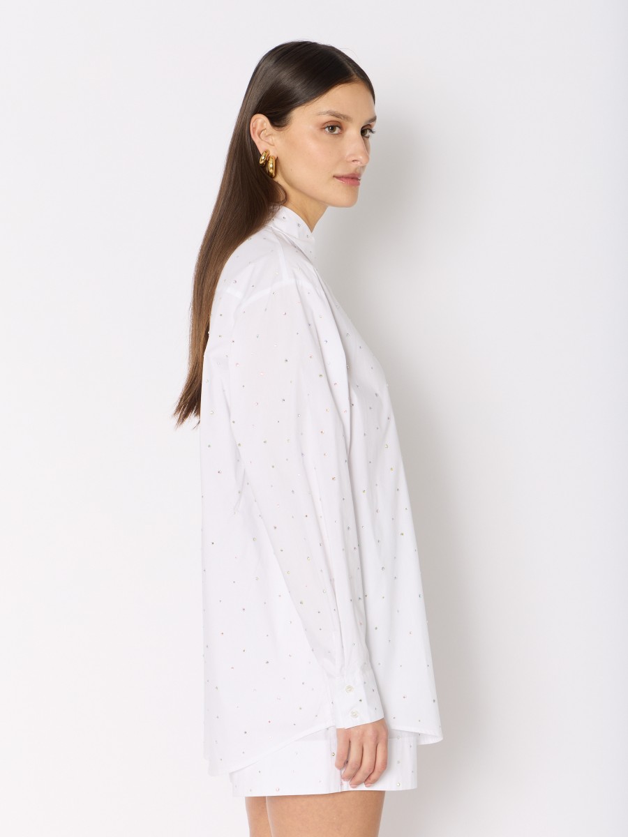 Berenice Chemise Blanche COMINO – Coton Coupe Oversize Strass Argentés Et Manches Longues