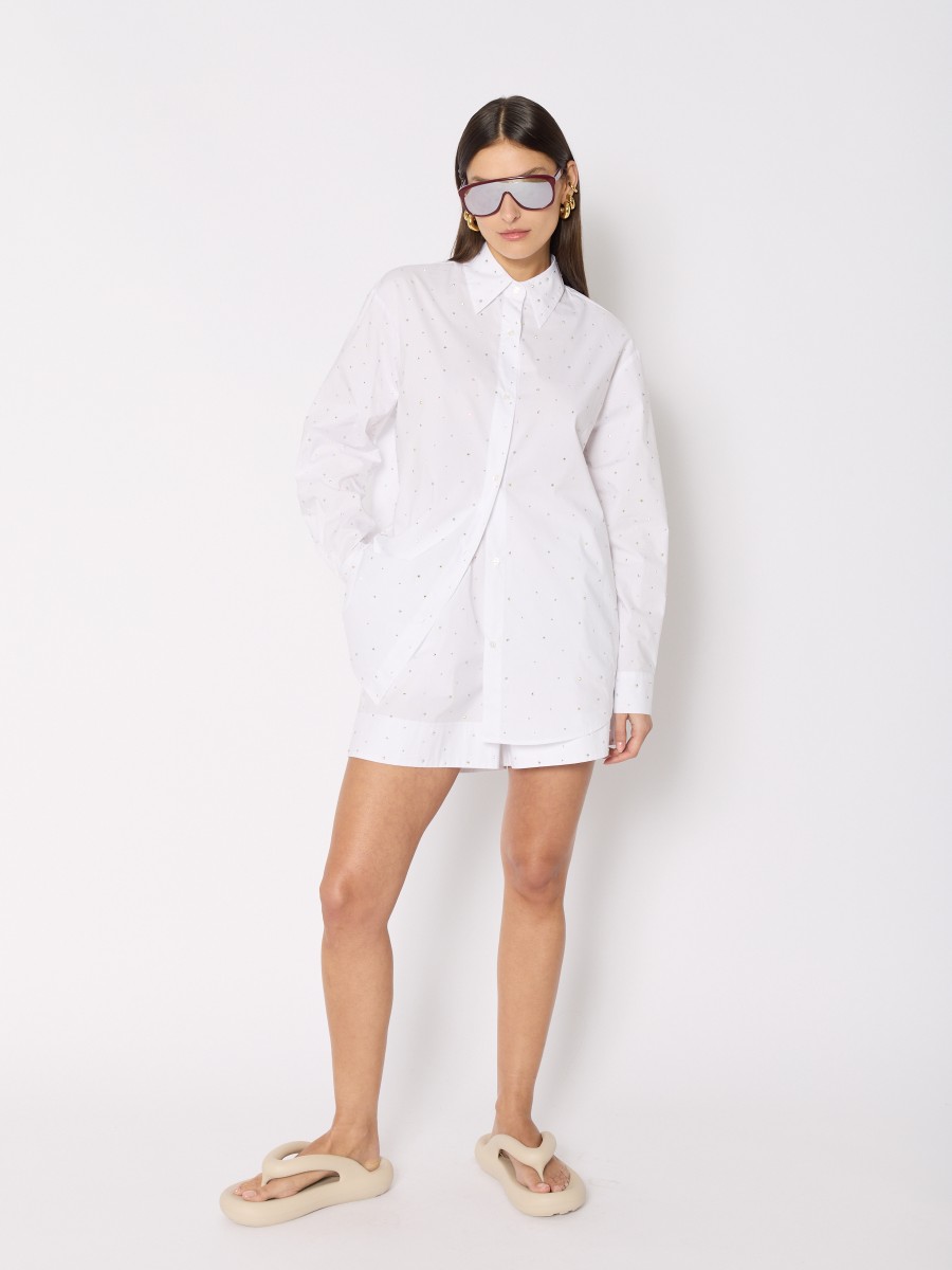 Berenice Chemise Blanche COMINO – Coton Coupe Oversize Strass Argentés Et Manches Longues