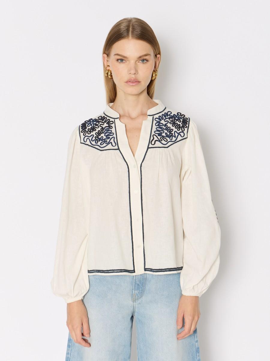 Berenice Chemise blanche CORFU – Coton et lin broderies artisanales manches bouffantes