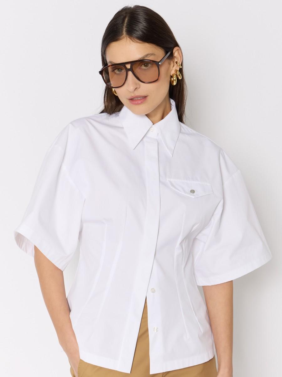 Berenice Chemise Blanche En Popeline CELESTA Cintrée Manches Larges Et Poche Rabat