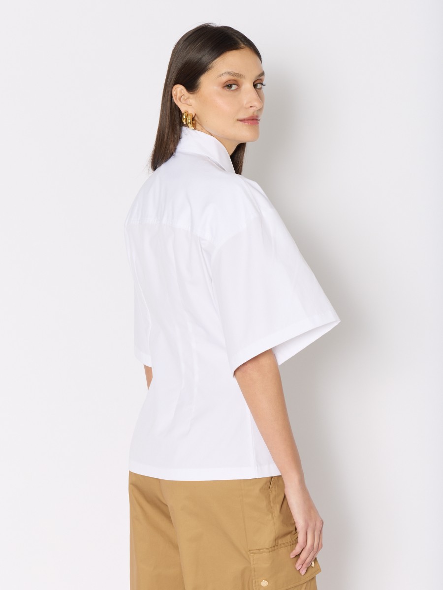 Berenice Chemise Blanche En Popeline CELESTA Cintrée Manches Larges Et Poche Rabat