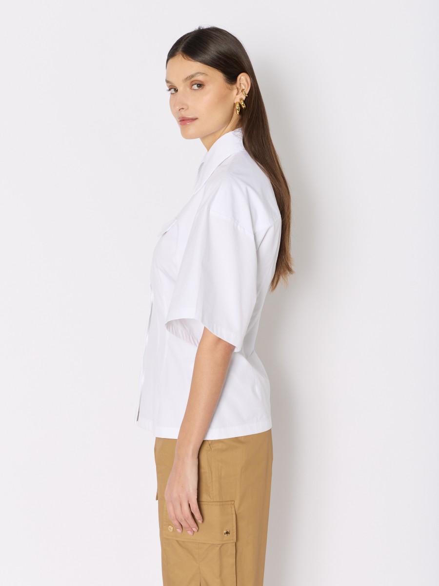 Berenice Chemise Blanche En Popeline CELESTA Cintrée Manches Larges Et Poche Rabat