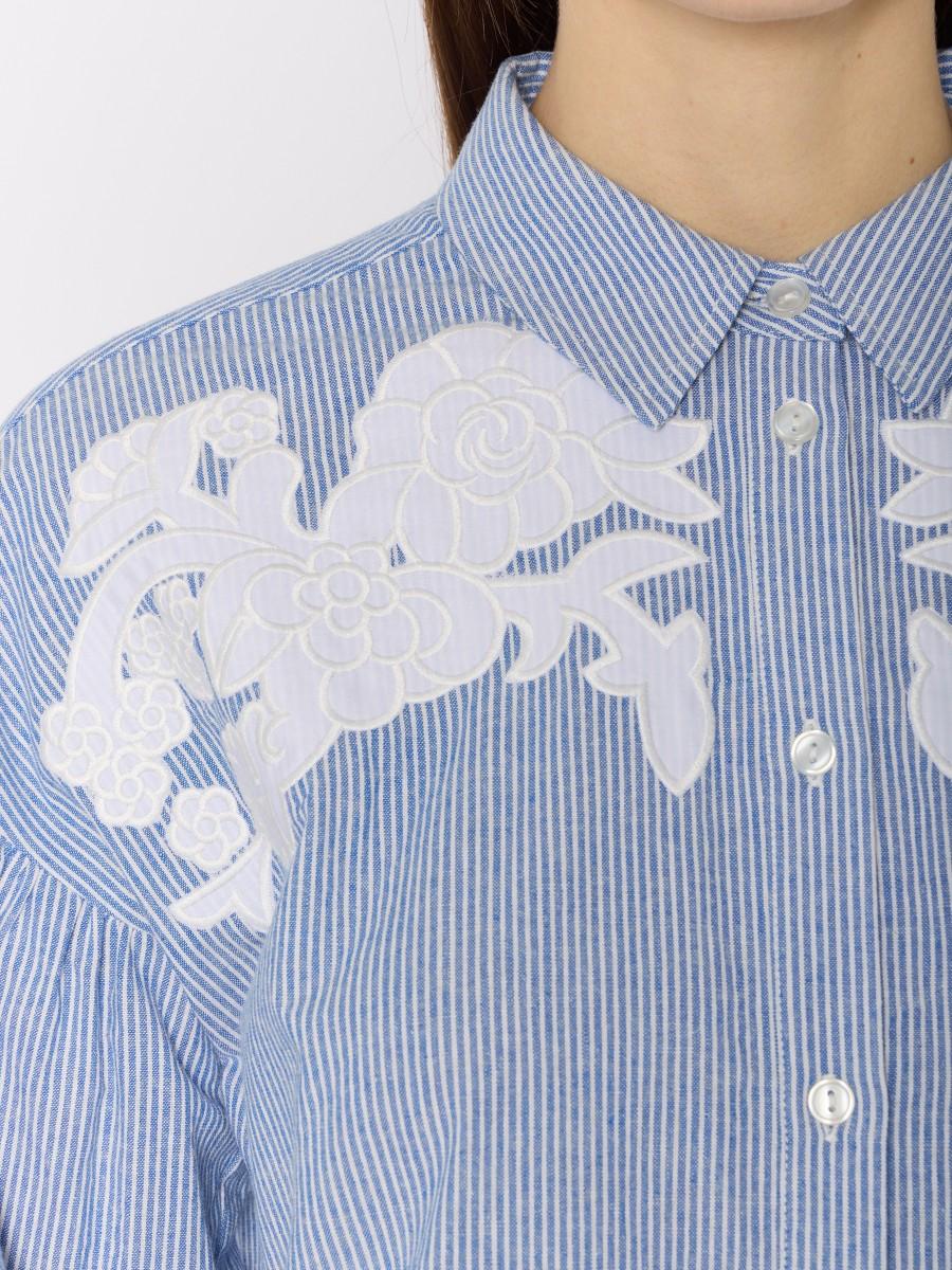 Berenice Chemise CABINA En Coton Oversize Rayures Bleues Et Broderies Blanches