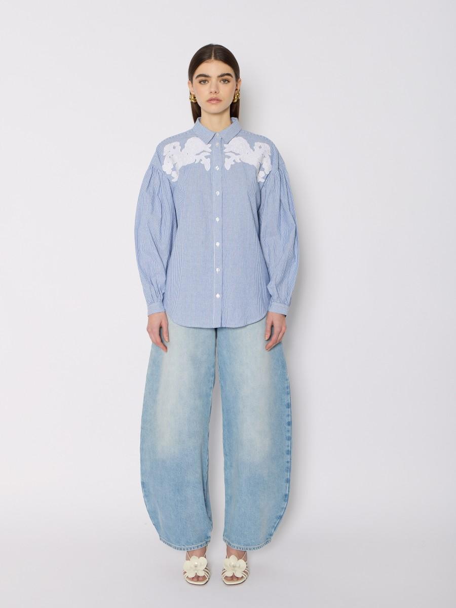Berenice Chemise CABINA En Coton Oversize Rayures Bleues Et Broderies Blanches