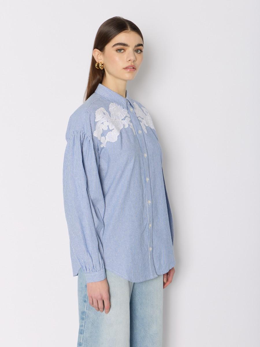 Berenice Chemise CABINA En Coton Oversize Rayures Bleues Et Broderies Blanches